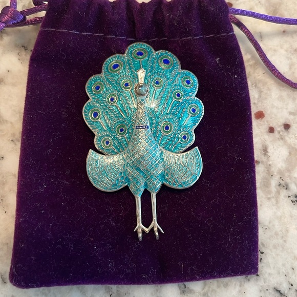 Jewelry - Vintage Siam Sterling Silver Enamel Peacock Brooch. Beautiful condition.
